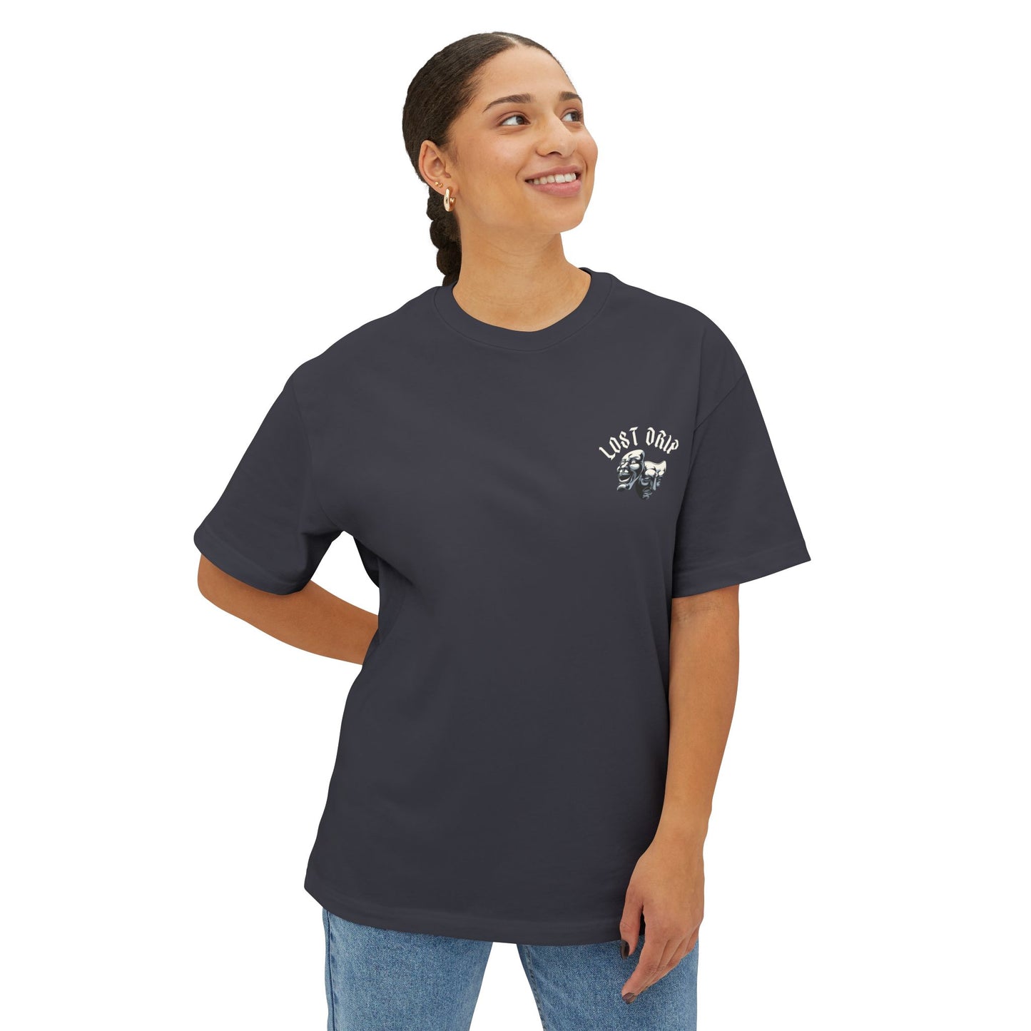 Unisex streetwear t-shirt with bold mask design and message – Lost Drip black tee for men and women