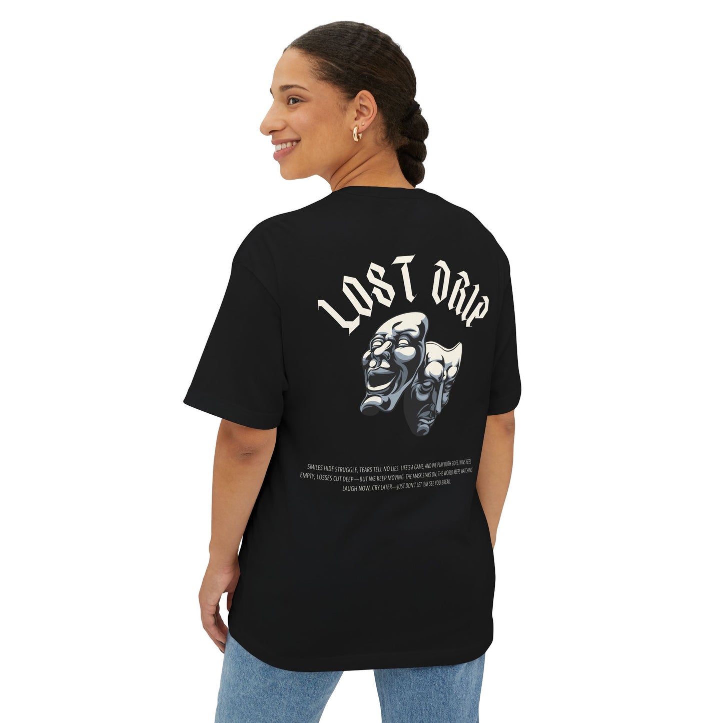 Black unisex t-shirt with emotional quote and masks – Lost Drip graphic streetwear
