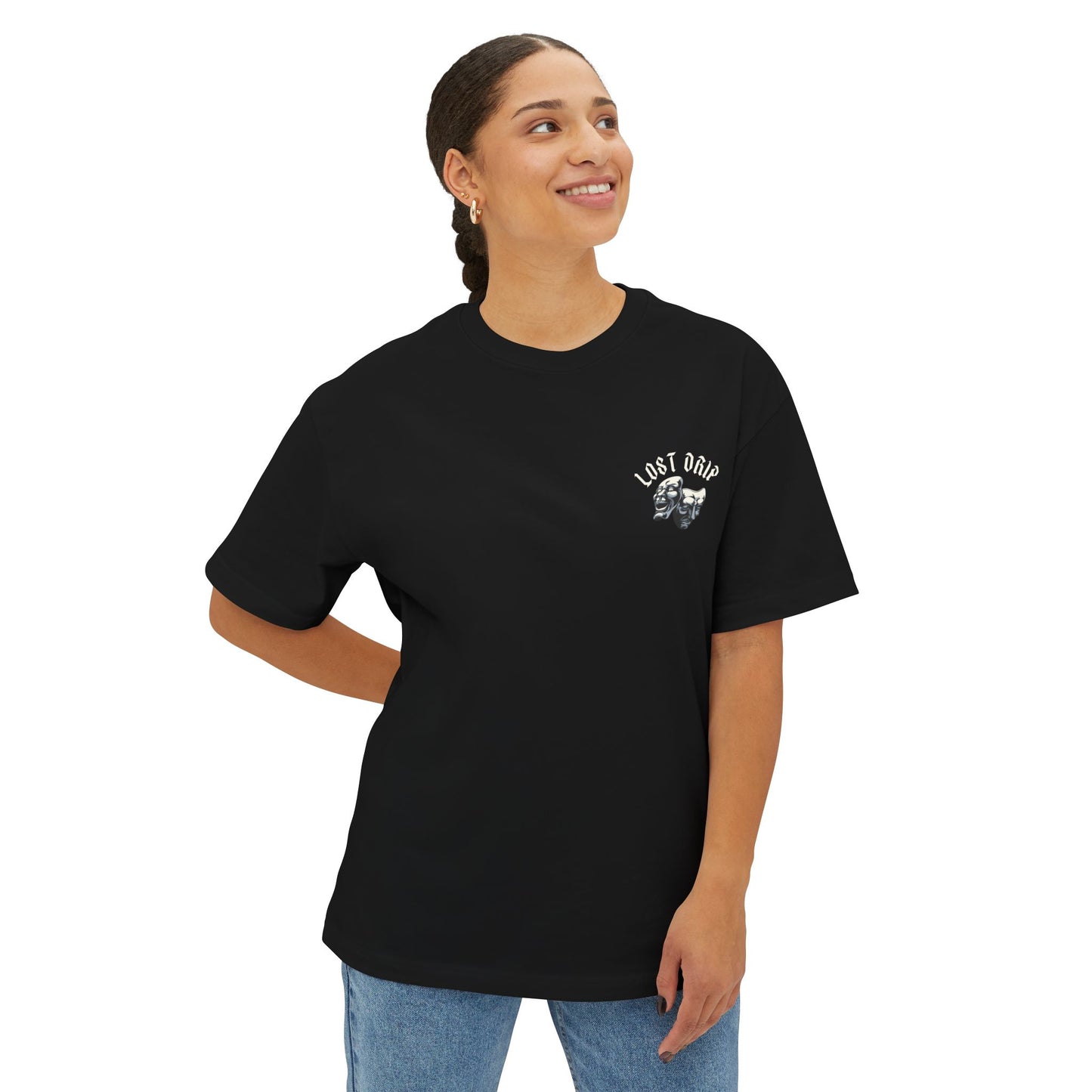 Lost Drip back print tee – bold theater masks design for men and women