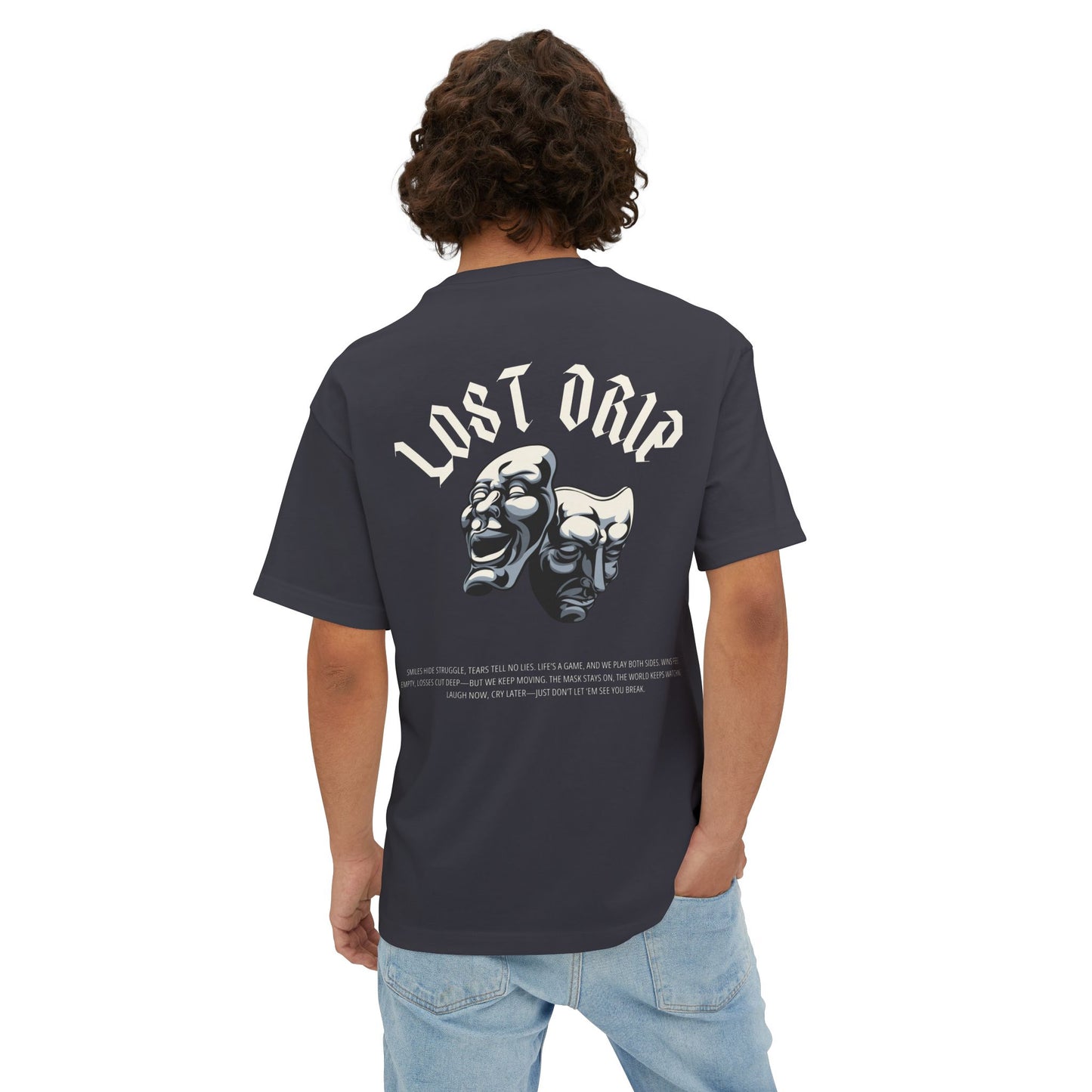 Lost Drip black graphic t-shirt – unisex comedy and tragedy mask design for men and women
