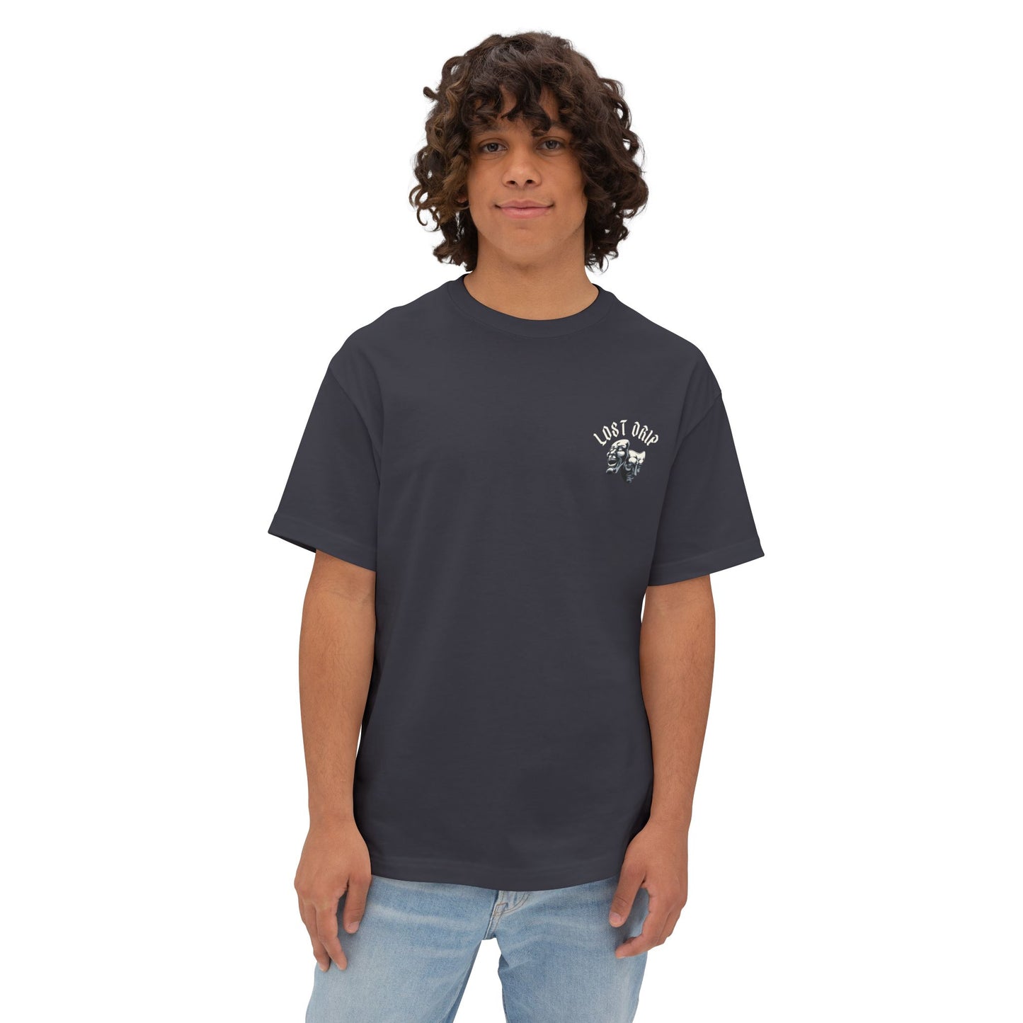 High-quality print of comedy tragedy mask and inspirational quote on black cotton t-shirt