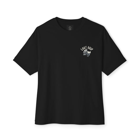 Trendy unisex black summer shirt – expressive Lost Drip mask graphic t-shirt